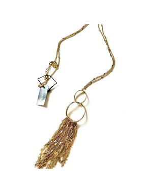 White House Black Market Gold Double Ring Fringe Long Chain Necklace NWT